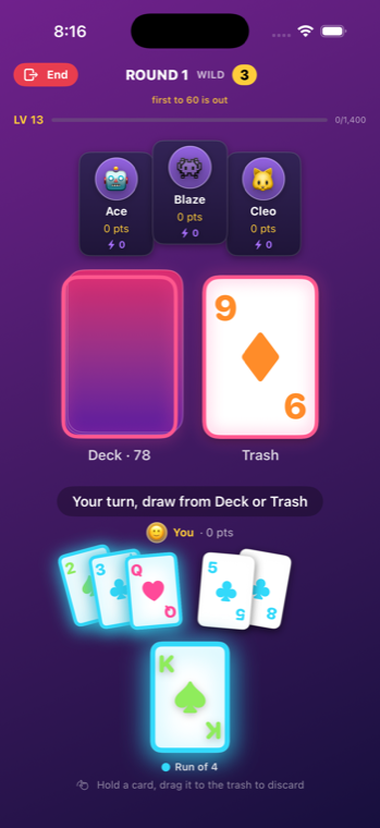 Tick gameplay: a six-card hand with a highlighted run, deck and discard pile