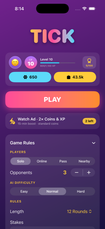 Tick main menu with Play button, level bar and Game Rules