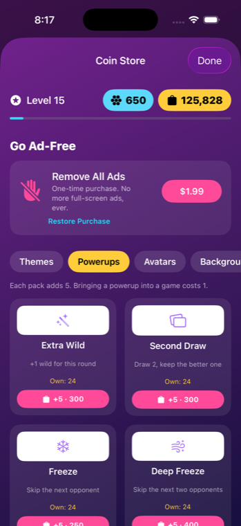 Store powerups: Extra Wild, Second Draw, Freeze and Deep Freeze