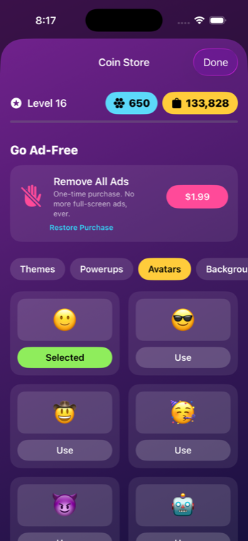 Store avatars tab with a grid of emoji avatars to choose from