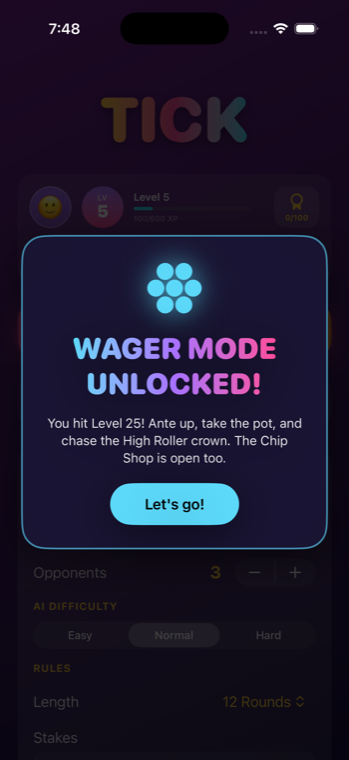 Wager Mode unlocked celebration at Level 25
